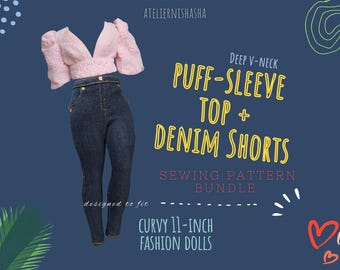 Doll Clothes Sewing Pattern: Deep V-Neck Puff-Sleeve Top, Skinny Jeans for Curvy Dolls (PDF)