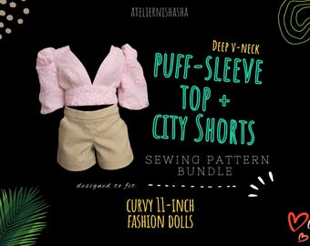 Doll Clothes Sewing Pattern: Deep V-Neck Puff-Sleeve Top, City Shorts for Curvy Dolls (PDF)