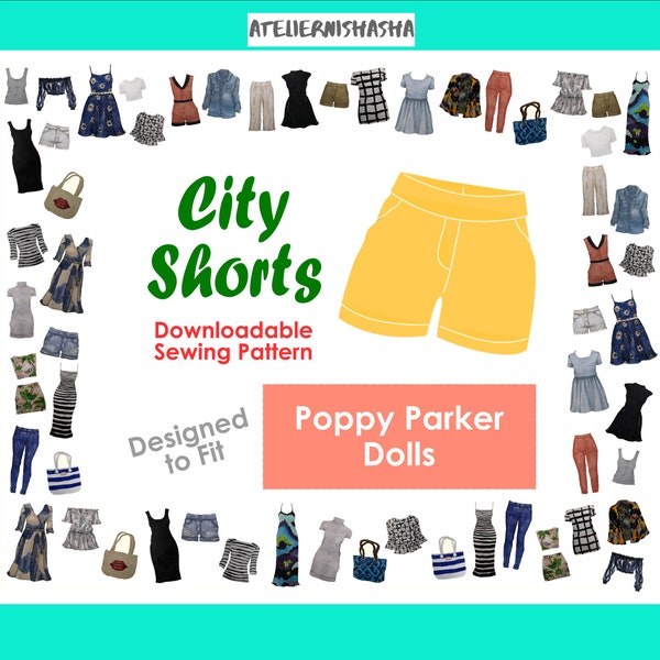 PDF Sewing Pattern - City Shorts for Poppy Parker Dolls | Summer Fun Clothes Miniatures Pants with Slant Pockets | Downloadable Files