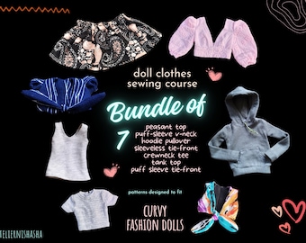 Budget Bundle of 7 Tops PDF Sewing Patterns for 11-inch CURVY Fashion Doll