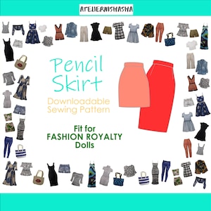 Könnte beinhalten: Ein herunterladbares Schnittmuster für einen Bleistiftrock, der für Fashion Royalty Puppen entworfen wurde. Das Schnittmuster beinhaltet zwei Rockoptionen: einen korallenroten Rock und einen roten Rock. Das Bild zeigt auch eine Vielzahl von Puppenoutfits, darunter Kleider, Oberteile, Hosen und Röcke.