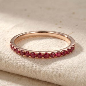 10K Rose Gold Half Eternity Band, Natural Pigeon Blood Ruby Stackable Ring 1.6mm Round Ruby Wedding Anniversary Band For Women, Gift For Her