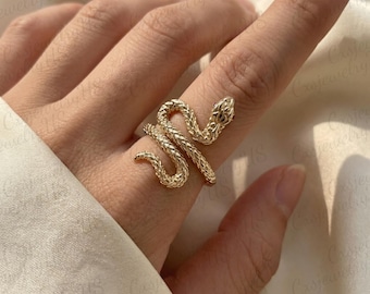 14K Solid Yellow Gold Snake Wrap Ring, Personalized Ruby/Emerald Snake Eye Ring, Dainty Serpent Wedding Band, Handmade Jewelry Gifts
