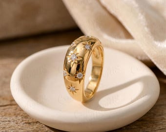 14K Solid Gold North Star Moissanite Ring, Celestial Starburst Gold Ring, Lab Grown Diamond Statement Ring, Dome Ring, Birthday Gift for Her