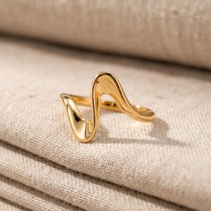 Anillo de oro de 14 quilates con diseño ondulado, alianza escultural pulida, alianza de boda curva de oro macizo, anillo para madres, anillo de cóctel, regalos de aniversario.