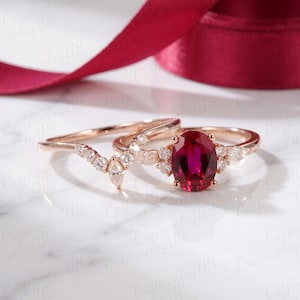 Lab Grown Ruby 6*8mm Oval Engagement Ring Set, Solid Rose Gold Moissanite Bridal Set, Marquise Curved Wedding Band Dainty Promise Her Gift