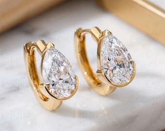 0.5ct - 1ct IGI Pear Cut Lab Grown Diamond Hoop Earrings, Solid Gold Moissanite Huggie Earrings, 14K Gold Bezel Set Drop Hoops, Gift for Her