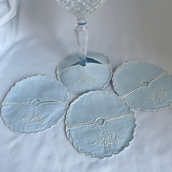 Vintage set of 4 light blue linen with hand embroidered grape & wine glass design and scalloped edge slip on wine glass coaster - Clearance