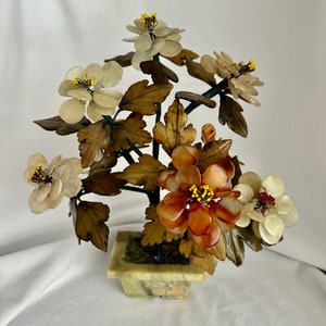 Vintage hand carved Jade, Agate and Rose Quartz flower tree - Clearance