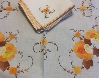 Vintage white with golden yellow and brown hand appliqué square tablecloth and matching napkin set - Clearance