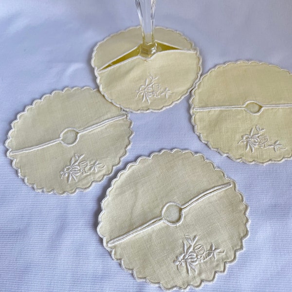 Vintage set of 4 yellow linen with hand embroidery floral & wine glass design and scalloped edge slip on wine glass coaster set - Clearance