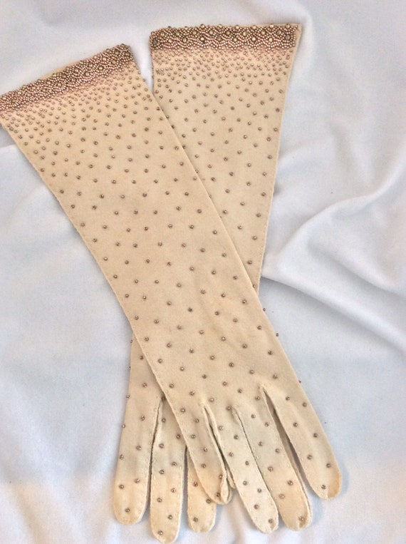 Beige with gold beaded gloves for special occasion