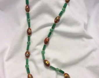 Vintage Cloisonne bead, gold filled spacer and green Aventurine bead necklace - Clearance