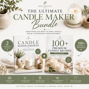 Op de afbeelding: De Ultimate Candle Maker Bundle van Baki Designs bevat twee boeken: Candle Business Starter Kit en 100+ Premium Candle Recipes Collection. De set biedt handleidingen, recepten, strategieën en zakelijke middelen voor het maken van kaarsen.