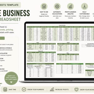 May include: A digital Google Sheets template for a candle business displayed on a laptop screen. The spreadsheet includes sections for line items, wax, fragrance, and wick costs, profit analysis, and conversion charts for ounces and grams.