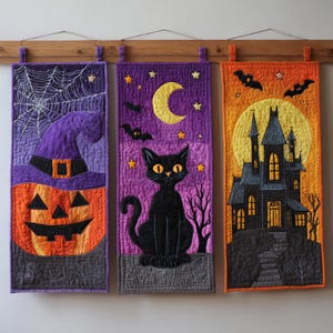 May include: Three Halloween-themed fabric wall hangings. One features a jack-o'-lantern with a witch's hat and spiderweb, another a black cat with a moon and stars, and the last a haunted house with bats.