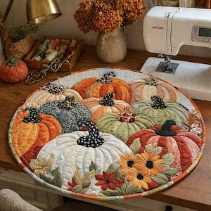 May include: A round, quilted pumpkin-themed table mat. The mat features various pumpkins in shades of orange, green, and white, with black and white polka dot stems. Sunflowers and fall leaves surround the pumpkins. The mat is on a wooden surface.