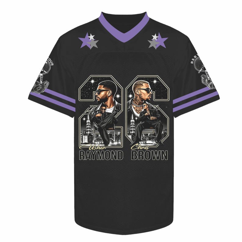 May include: A black jersey with purple V-neck trim and sleeve stripes. The front features two large portraits of Usher Raymond and Chris Brown over a city skyline, with the names printed below. Two star icons appear near the neckline.