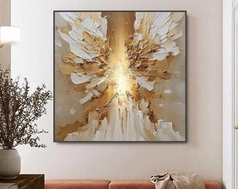Textured Gold Angel Wings Oil Painting, Spiritual White Light Wall Art, Large 3D Impasto Feather On Canvas, Modern Living Room Home Decor
