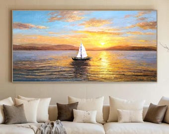 Golden Sunset Sailboat Oil Painting, Original Ocean Horizon Canvas Art, Calm Coastal Seascape Home Decor, Warm Nautical Landscape Canvas Art