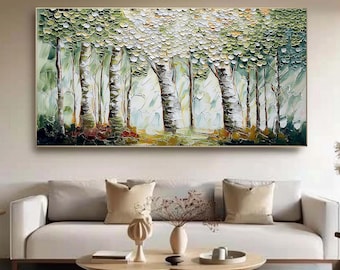 Heavy Textured Birch Forest Oil Painting, Lush Spring Green Scenery Wall Art, Modern Impasto Woods Canvas Art, Beautiful Bedroom Home Decor