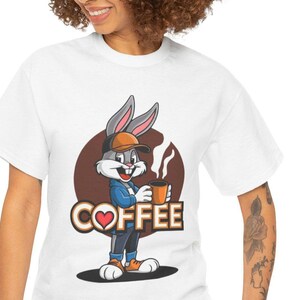 Coffee Bunny Tee | Cartoon Rabbit Holding Coffeeoffee, Retro Cafe Graphic