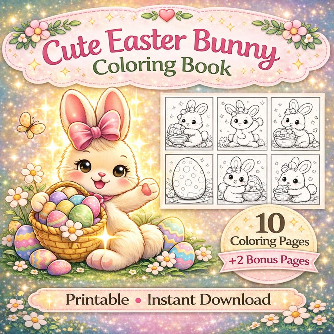 Easter Bunny Coloring Pages for Kids Printable PDF, Cute Bunny Coloring ...