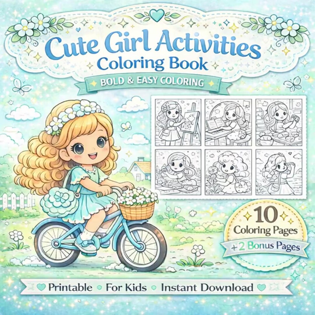 Cute Girl Activity Coloring Pages | Bold Easy Coloring Book for Kids ...