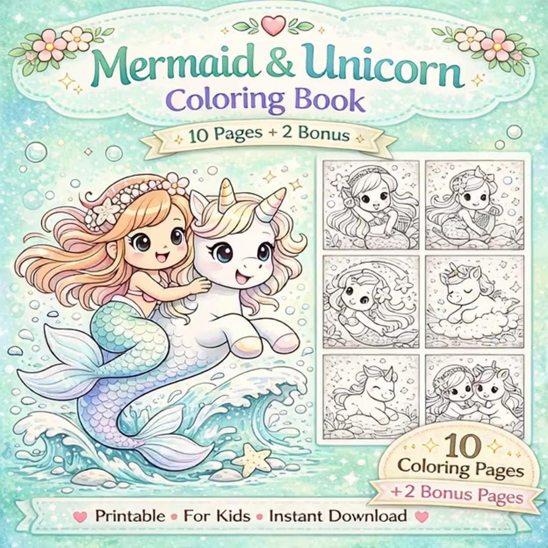 Mermaid Unicorn Coloring Pages Printable | Cute Fantasy Coloring Book ...