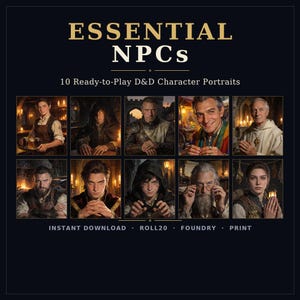 Essential D&D NPC Portraits · 10 Cards · Tavern Town + Quest-Giver Archetypes · Roll20 Foundry · Instant Download