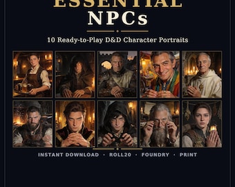 Essential D&D NPC Portraits · 10 Cards · Tavern Town + Quest-Giver Archetypes · Roll20 Foundry · Instant Download
