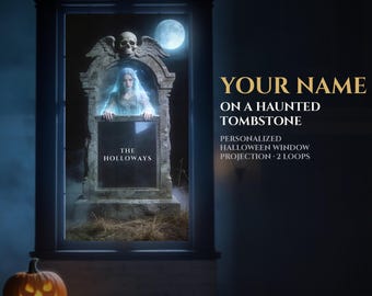 Personalized Halloween Window Projection | Your Family Name on a Haunted Tombstone and Cemetery Gate | 2 Custom Ghost Loops MP4 | Digital