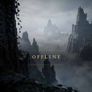 May include: A digital graphic featuring a dark, stone castle perched on a jagged cliffside amidst thick fog and clouds. The word OFFLINE is centered in gold capital letters between two thin horizontal lines against the moody, grey landscape.