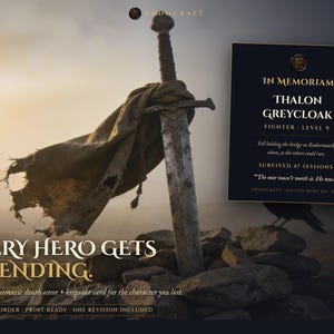 D&D Character Memorial | The Fallen Hero | Custom Cinematic Death Scene + Keepsake Card | Personalized DnD Player Gift | RIP Hero image 1