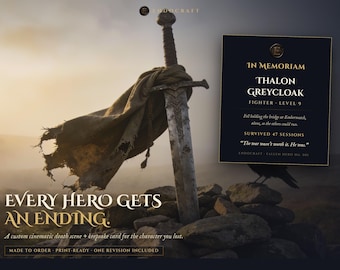 D&D Character Memorial | The Fallen Hero | Custom Cinematic Death Scene + Keepsake Card | Personalized DnD Player Gift | RIP Hero