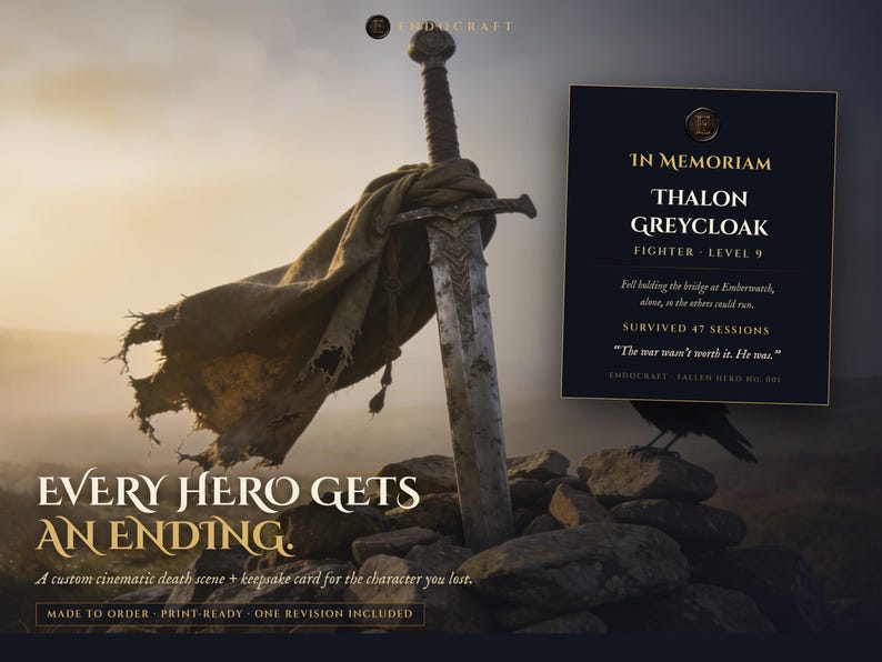 D&D Character Memorial | The Fallen Hero | Custom Cinematic Death Scene + Keepsake Card | Personalized DnD Player Gift | RIP Hero image 1