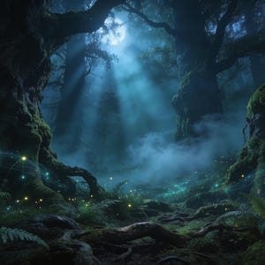 May include: A dark, dense forest scene at night featuring large, moss-covered tree trunks and thick, low-hanging fog. Bright moonlight filters through the canopy in blue beams, while glowing yellow and blue fireflies drift through the air.