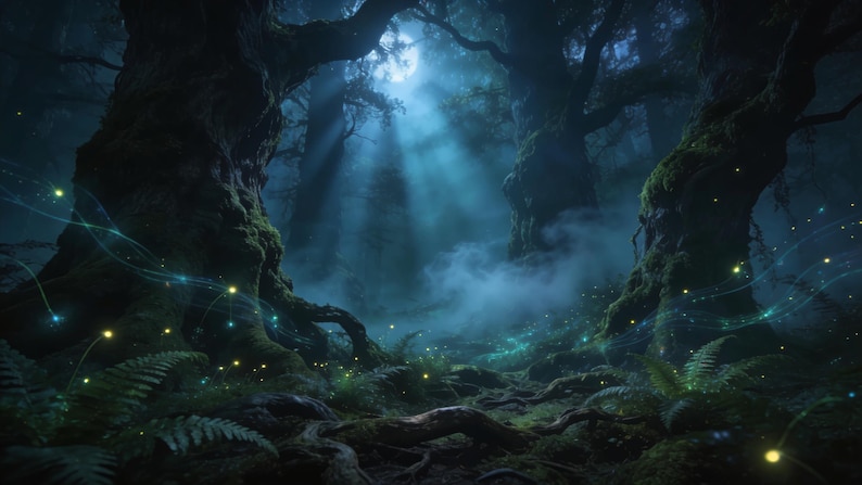 May include: A dark, dense forest scene at night featuring large, moss-covered tree trunks and thick, low-hanging fog. Bright moonlight filters through the canopy in blue beams, while glowing yellow and blue fireflies drift through the air.
