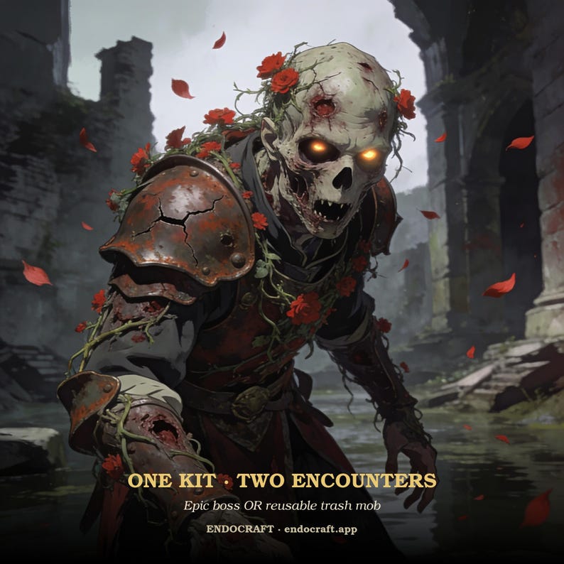 May include: A skeletal figure in weathered, cracked dark metal armor adorned with green vines and red roses. The figure has glowing yellow eyes. Text at the bottom reads: ONE KIT &bull; TWO ENCOUNTERS, Epic boss OR reusable trash mob, ENDOCRAFT &bull; endocraft.app.