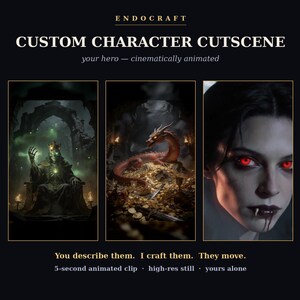 May include: A digital service advertisement titled ENDOCRAFT CUSTOM CHARACTER CUTSCENE featuring three panels: a skeletal king on a throne, a red dragon on gold coins, and a close-up of a vampire with red eyes. Text includes: You describe them. I craft them. They move. 5-second animated clip, high-res still, yours alone.
