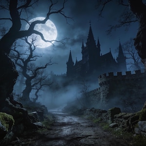 Pu&ograve; includere: Un castello in pietra scura con alte guglie e mura merlate si erge alla fine di un sentiero tortuoso. Alberi spogli e nodosi incorniciano la scena sotto una luna piena luminosa in un cielo notturno nuvoloso, con una fitta nebbia.
