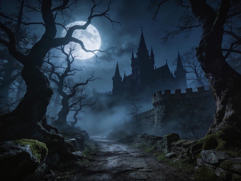 Pu&ograve; includere: Un castello in pietra scura con alte guglie e mura merlate si erge alla fine di un sentiero tortuoso. Alberi spogli e nodosi incorniciano la scena sotto una luna piena luminosa in un cielo notturno nuvoloso, con una fitta nebbia.