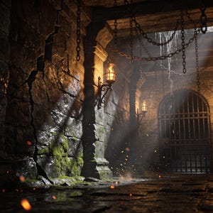 May include: A stone dungeon corridor featuring dark, moss-covered walls with deep cracks, a metal gate at the end, and hanging chains. Wall-mounted iron torches emit a warm, flickering orange glow, while light beams filter through the ceiling.
