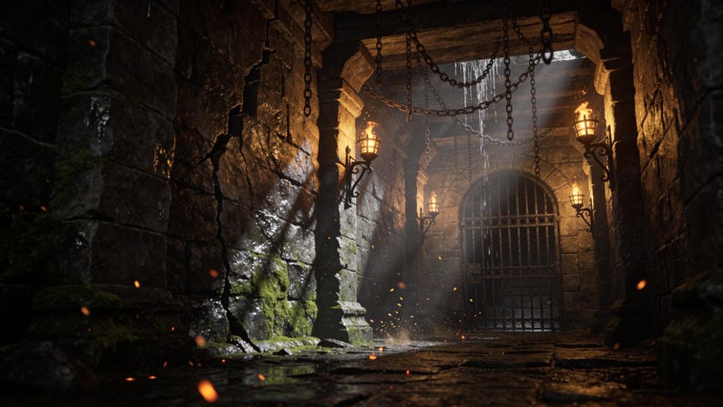 May include: A stone dungeon corridor featuring dark, moss-covered walls with deep cracks, a metal gate at the end, and hanging chains. Wall-mounted iron torches emit a warm, flickering orange glow, while light beams filter through the ceiling.