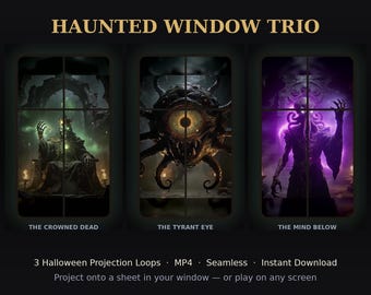 Halloween Window Projection Video | 3 Haunted Loops MP4 | Skeleton King, Giant Eye, Tentacle Horror | Digital Decoration Download