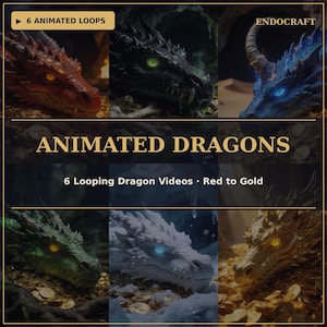 May include: A digital graphic featuring six animated dragon heads in red, black, blue, green, white, and gold colors, each resting on gold coins. The text reads 6 ANIMATED LOOPS, ENDOCRAFT, ANIMATED DRAGONS, and 6 Looping Dragon Videos Red to Gold.