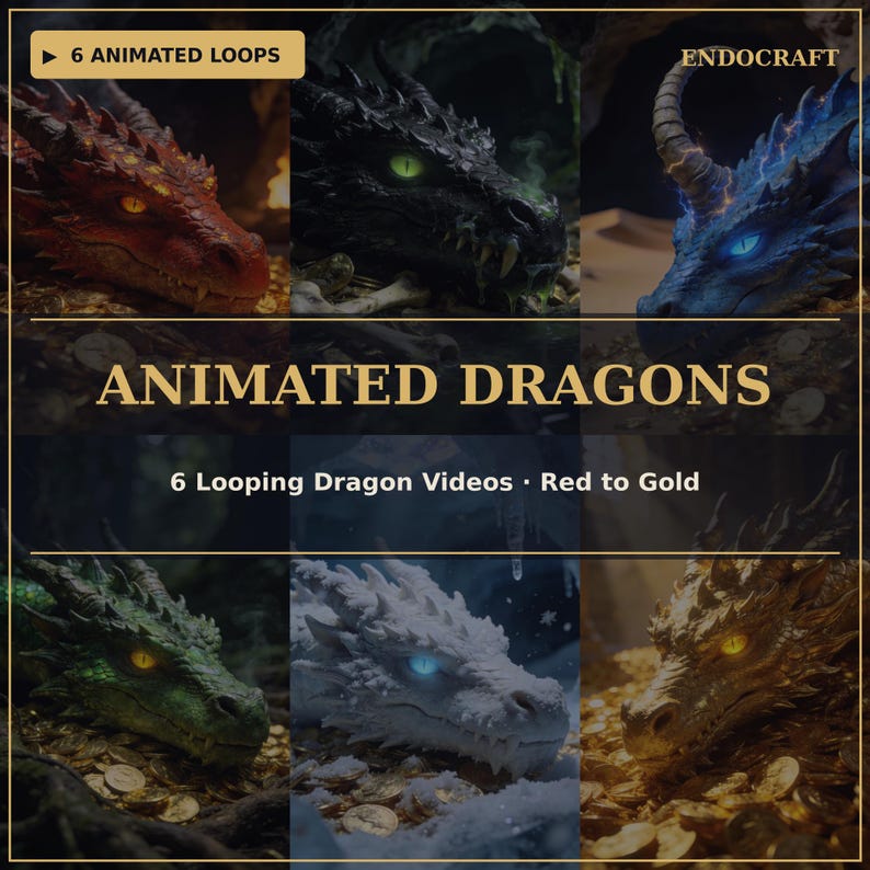 May include: A digital graphic featuring six animated dragon heads in red, black, blue, green, white, and gold colors, each resting on gold coins. The text reads 6 ANIMATED LOOPS, ENDOCRAFT, ANIMATED DRAGONS, and 6 Looping Dragon Videos Red to Gold.