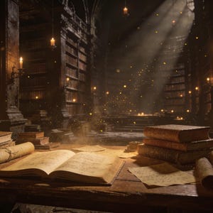 May include: A wooden desk holds an open book, a rolled parchment scroll, and a stack of three leather-bound books. The scene is set in a dark library with tall bookshelves, glowing candles, and light beams filtering through the dusty atmosphere.