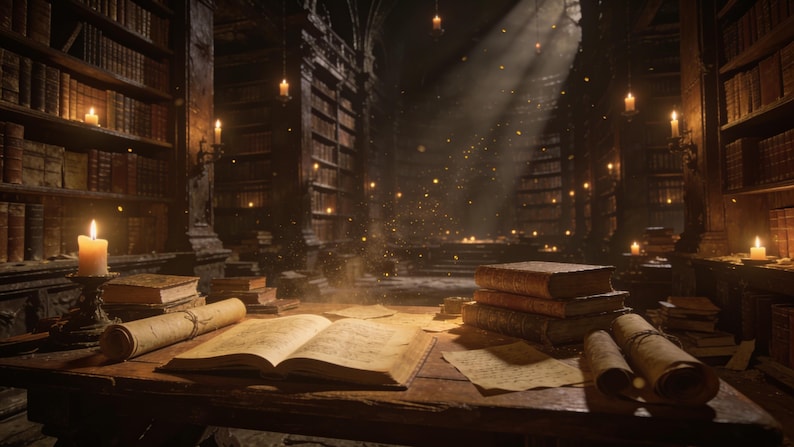 May include: A wooden desk holds an open book, a rolled parchment scroll, and a stack of three leather-bound books. The scene is set in a dark library with tall bookshelves, glowing candles, and light beams filtering through the dusty atmosphere.
