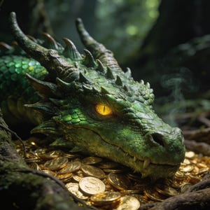 May include: A green dragon with textured scales and sharp horns resting its head on a large pile of gold coins. The dragon has a glowing yellow eye and visible smoke rising from its snout, set against a dark, forest-like environment.
